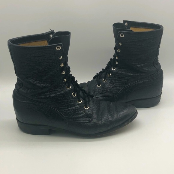 Vintage Justin Boots Men's 8D Western Bullhide Pebbled Leather Roper Lace Up - Picture 1 of 7